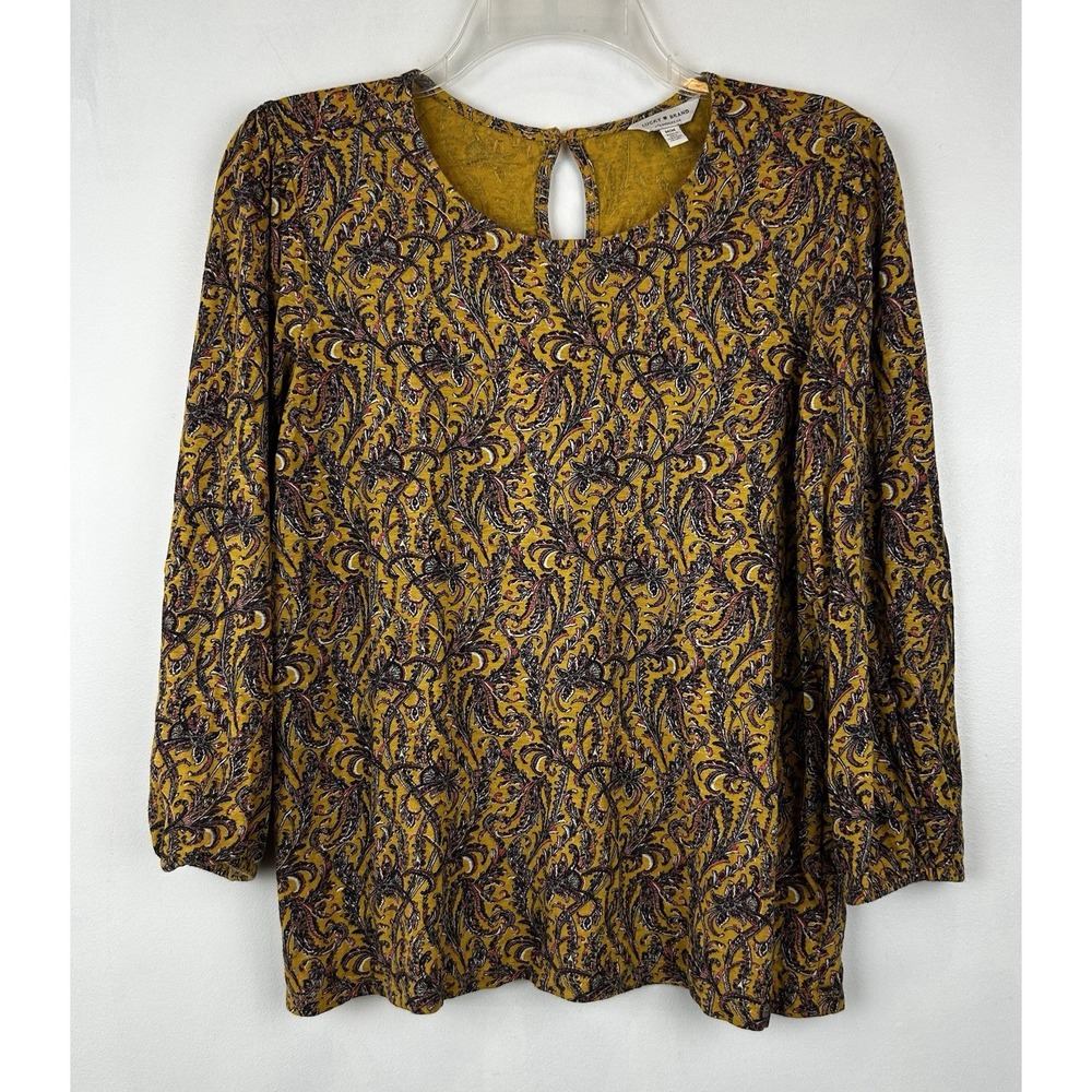 Lucky Brand Top Womens Medium Yellow Print Boho 3/4 Sleeve Balloon Casual Boho